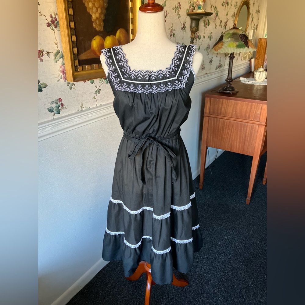 Vintage 1970s Black & White Embroidered Tiered Peasant Midi Dress